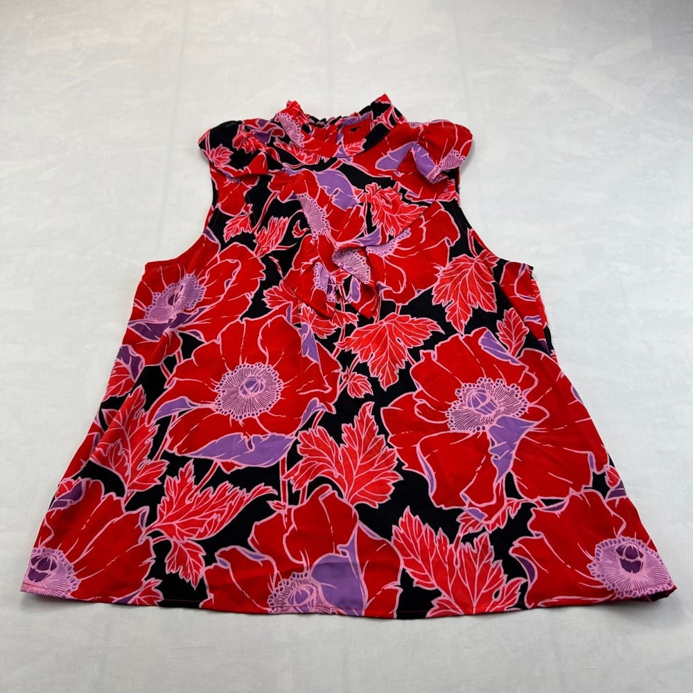 Who What Wear Tank Top Women Large Red Black Floral Lightweight Ruffle Mock Neck